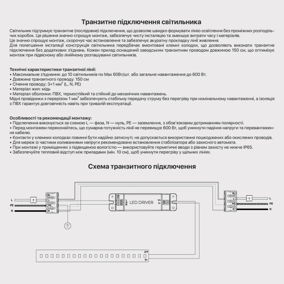 Вологозахищений лінійний світильник RAYFOR WL05 1500мм 60W 9600Lm 3CCT IP66 Philips 5р транзитний